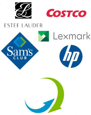 Logos for Estee Lauder, Costco, Sam's, Lexmark, HP